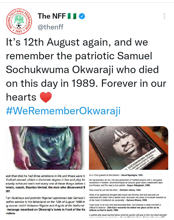 NFF pays tribute to Samuel Okwaraji who died 33 years ago during a match at the National Stadium