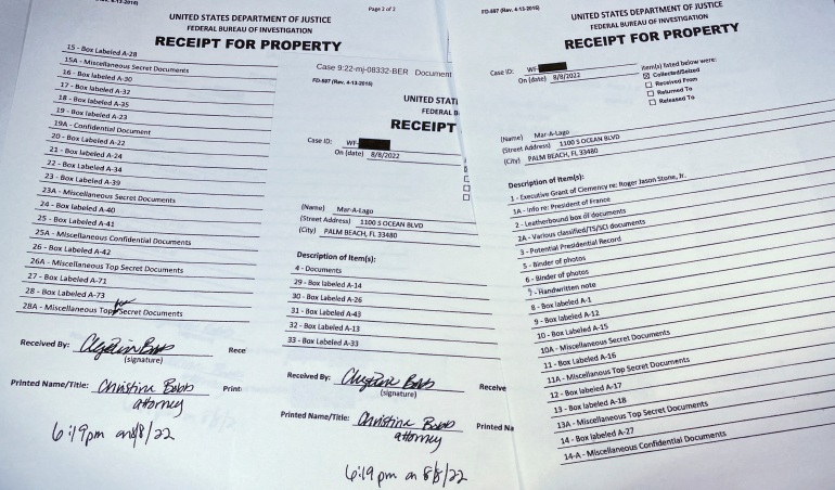 Close up of the inventory of items seized in the August 8 raid at Mar-a-Lago, including boxes of 'Top Secret' documents.