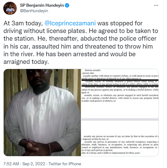 Singer Ice Prince Zamani arrested for allegedly abducting and assaulting police officer in Lagos