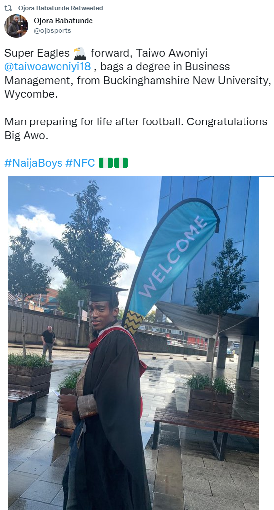  Super Eagles striker,  Taiwo Awoniyi bags degree in Business Management from Buckinghamshire New University UK