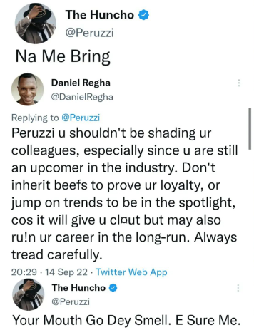 Singer Peruzzi slams social media commentator Daniel Regha after he described him as an upcoming singer and advised him not to shade his colleagues