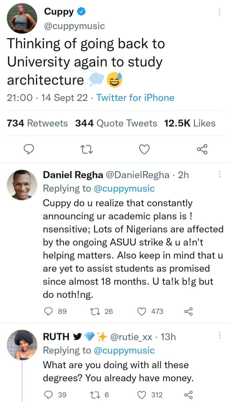Twitter users react as DJ Cuppy reveals she