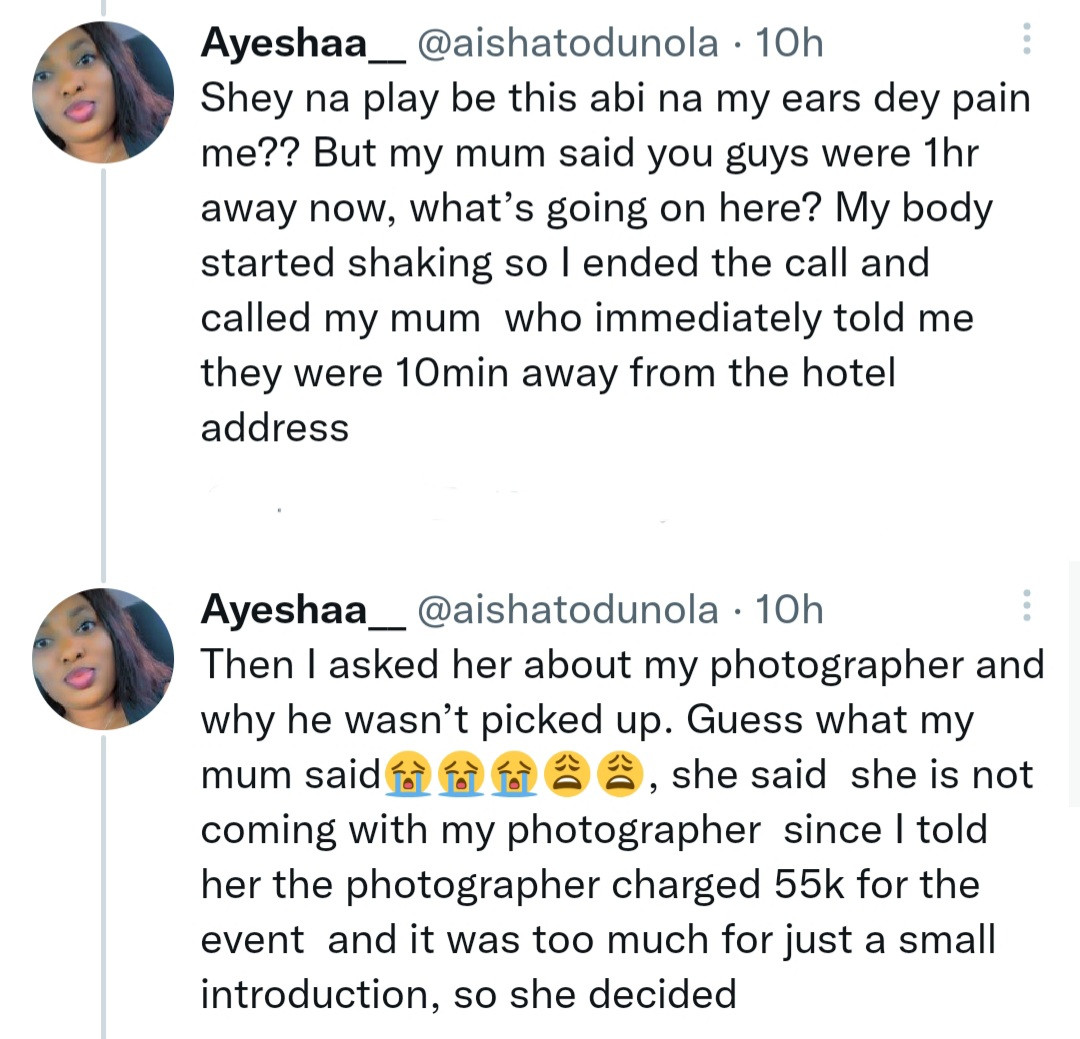 Between a Nigerian bride and her mum who kicked against her paying a photographer N55k to take pictures at her introduction