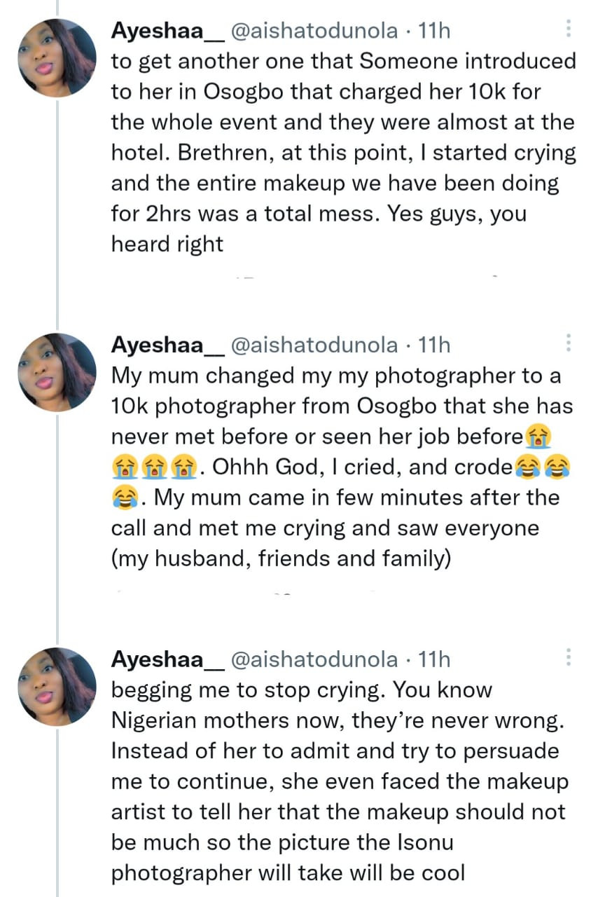 Between a Nigerian bride and her mum who kicked against her paying a photographer N55k to take pictures at her introduction