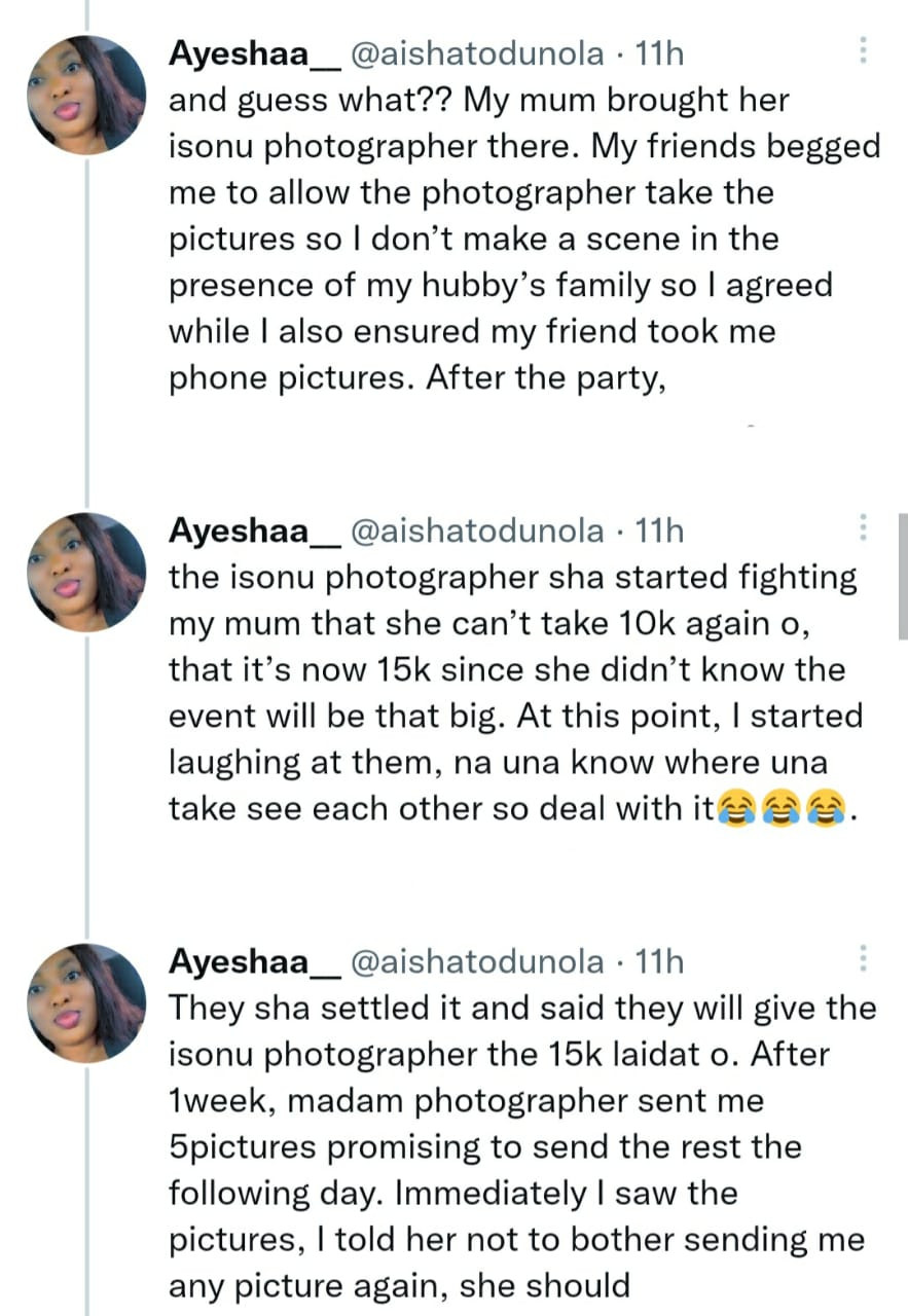 Between a Nigerian bride and her mum who kicked against her paying a photographer N55k to take pictures at her introduction