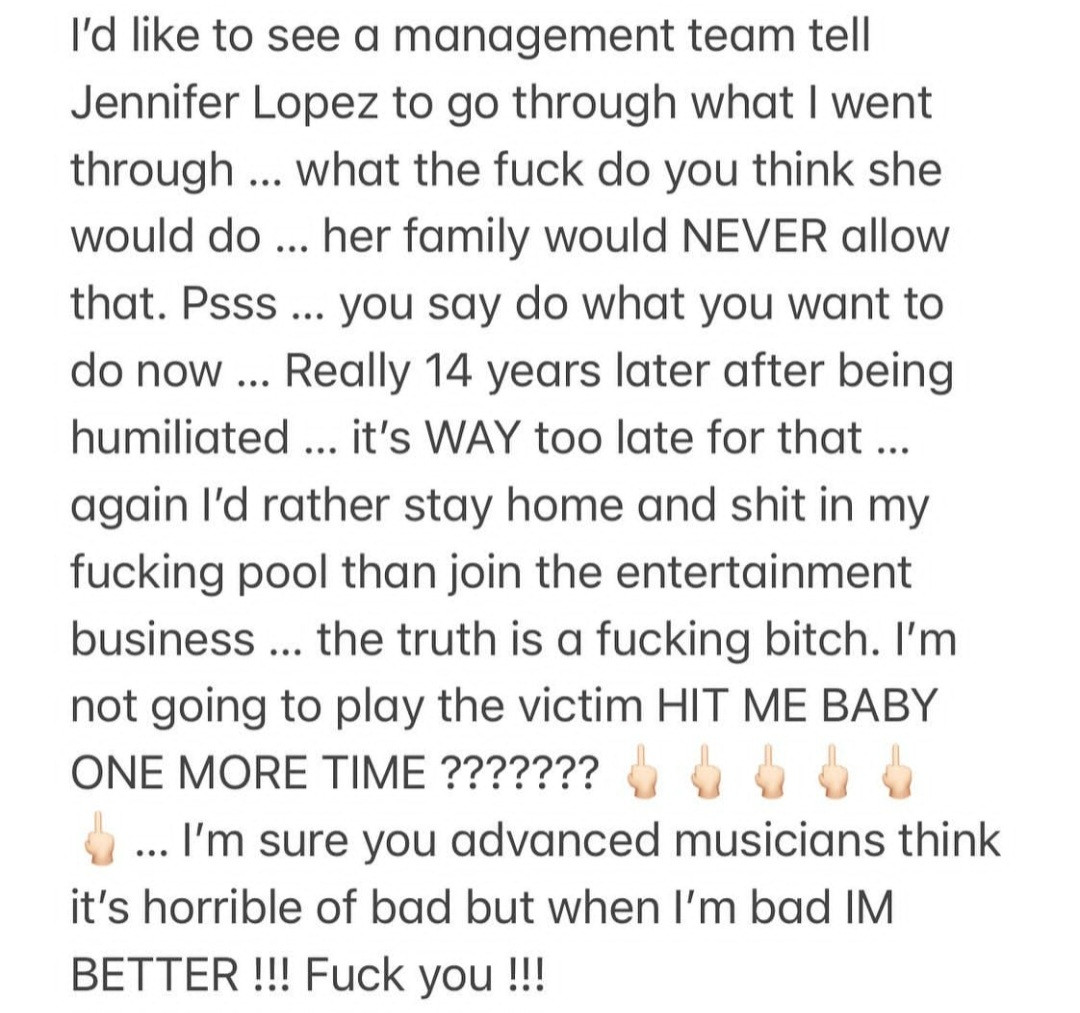Britney Spears says Jennifer Lopez would never have been treated the way she was as she lashes out at family again for conservatorship 