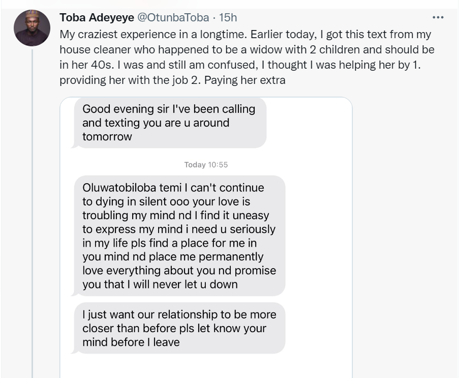 Nigerian man shares message he received from his house cleaner who was asking him out