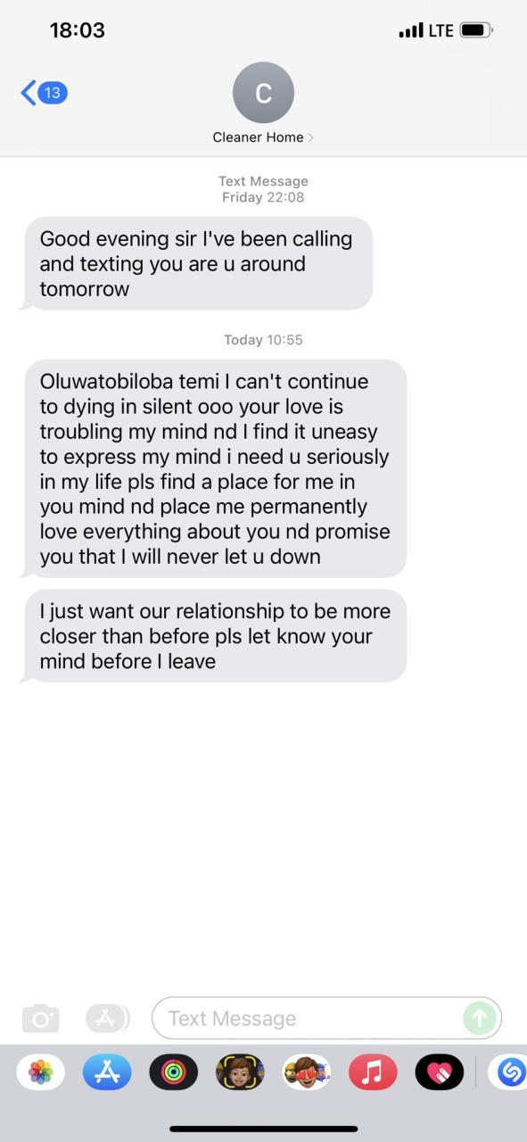 Nigerian man shares message he received from his house cleaner who was asking him out