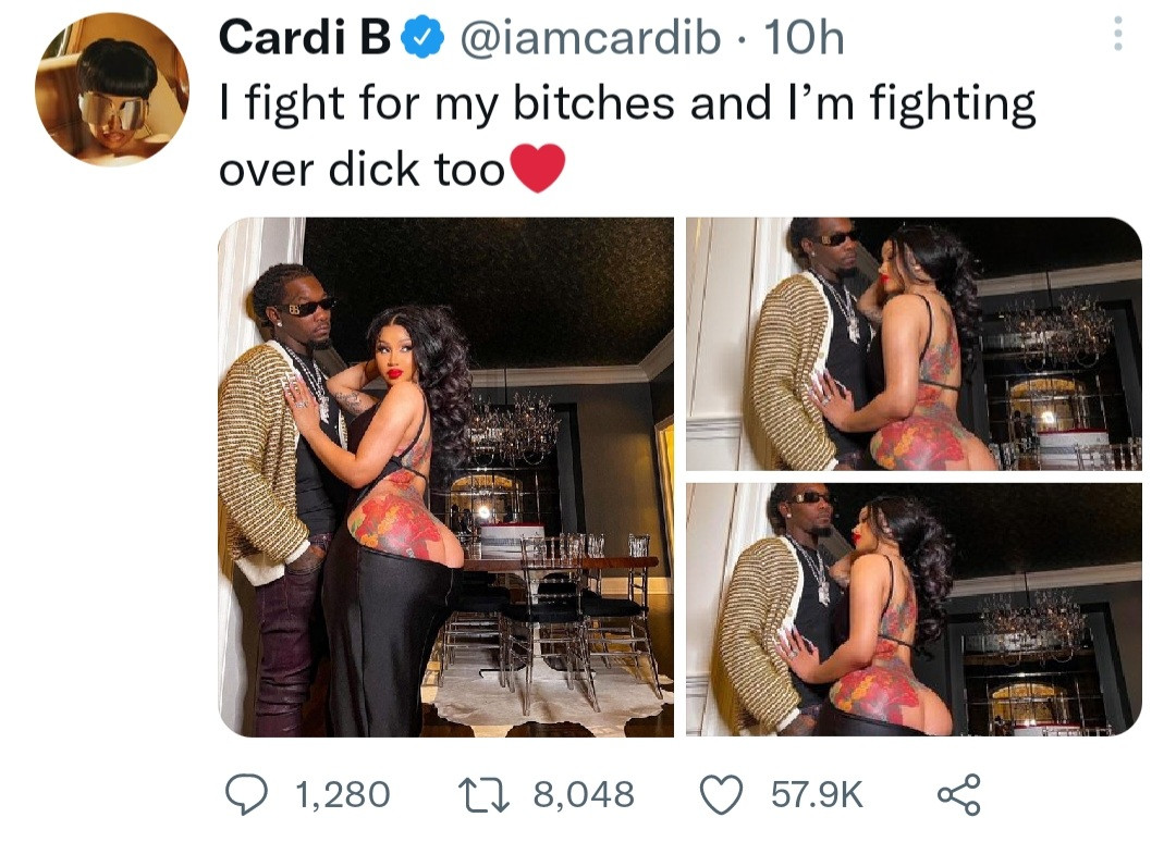 Cardi B reveals what she fights for as she poses with Offset in revealing dress that leaves her entire bum hanging out