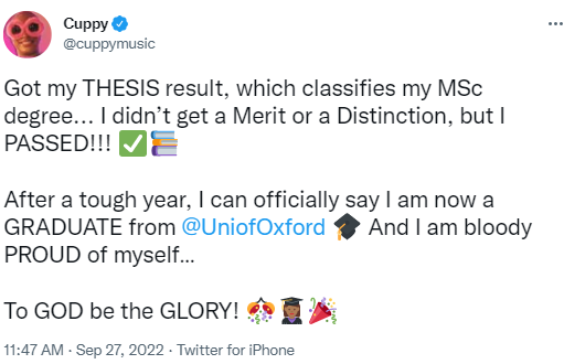 DJ Cuppy graduates from Oxford University