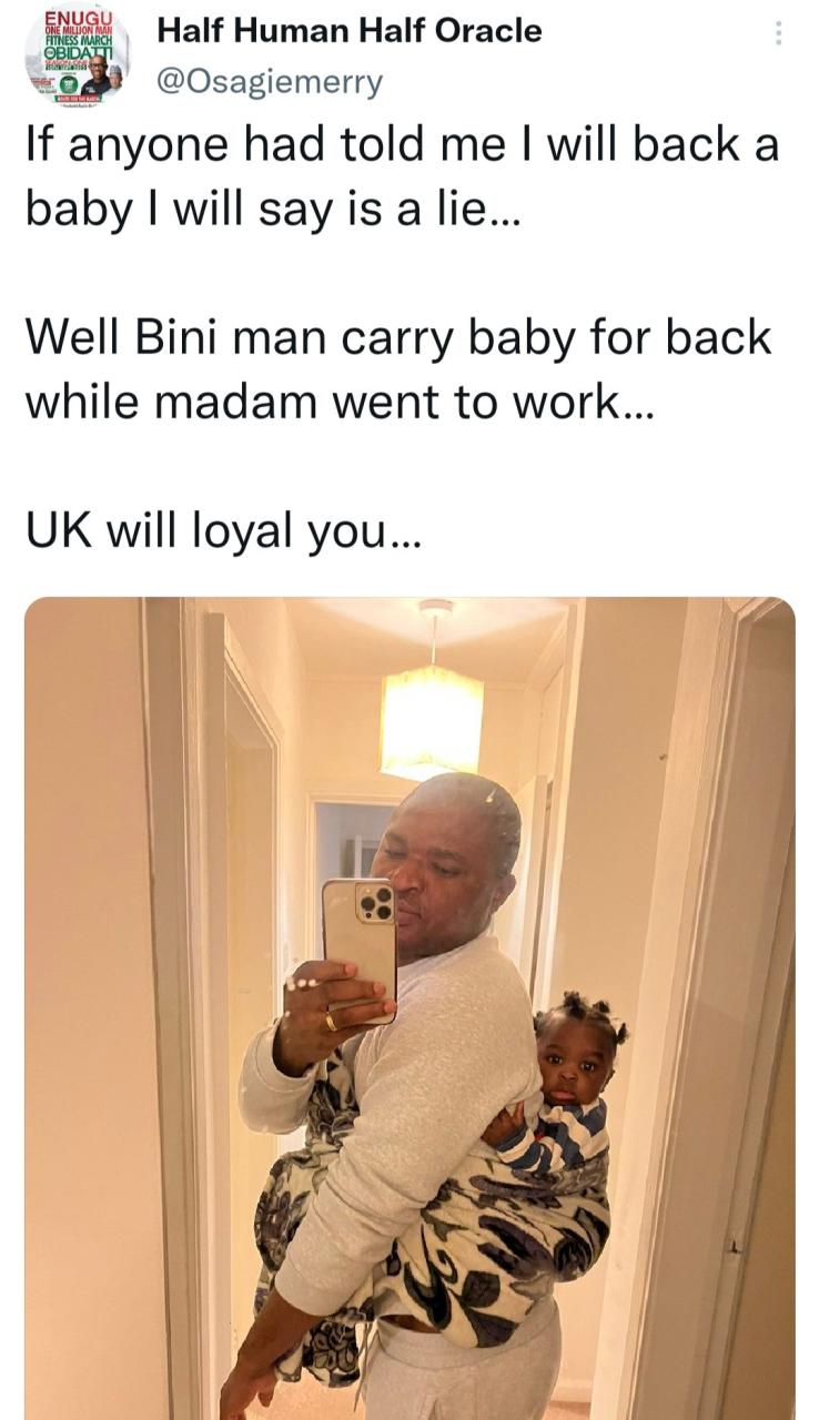 "UK will loyal you" Benin man says he never believed he will have to back his child while his wife is at work