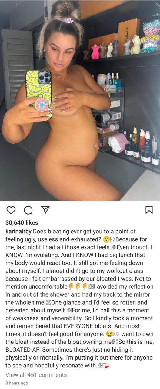 Influencer strips to expose bloated tummy in body positive post as she encourages women that it