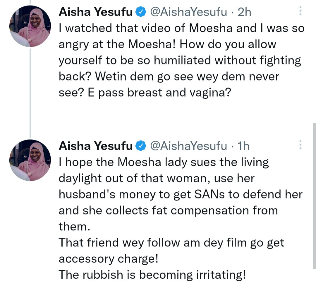 I hope a side chick uses one of you to teach the rest of you lessons - Activist Aisha Yesufu slams married women who attack their husbands side chics and share videos online
