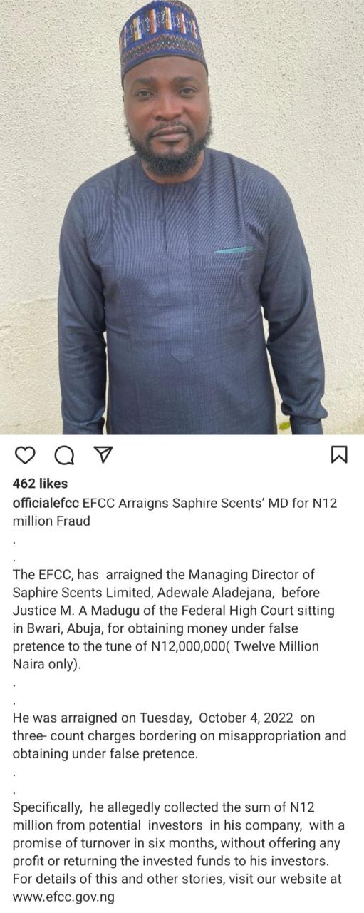 EFCC arraigns Sapphire Scents MD Wale Jana