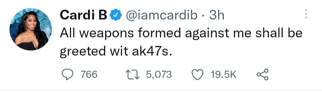 Cardi B threatens to respond with AK47s to weapons formed against her 