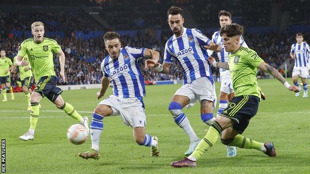 Manchester United's Alejandro Garnacho in action against Real Sociedad in the Europa League