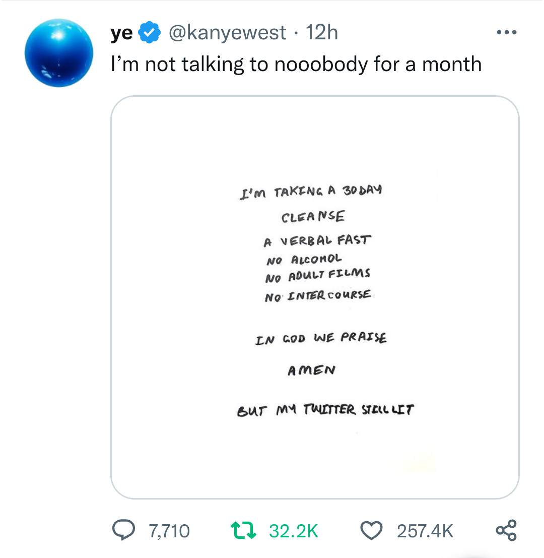  Kanye West claims he?s going on 30-day ?verbal fast? with no porn, sex or alcohol