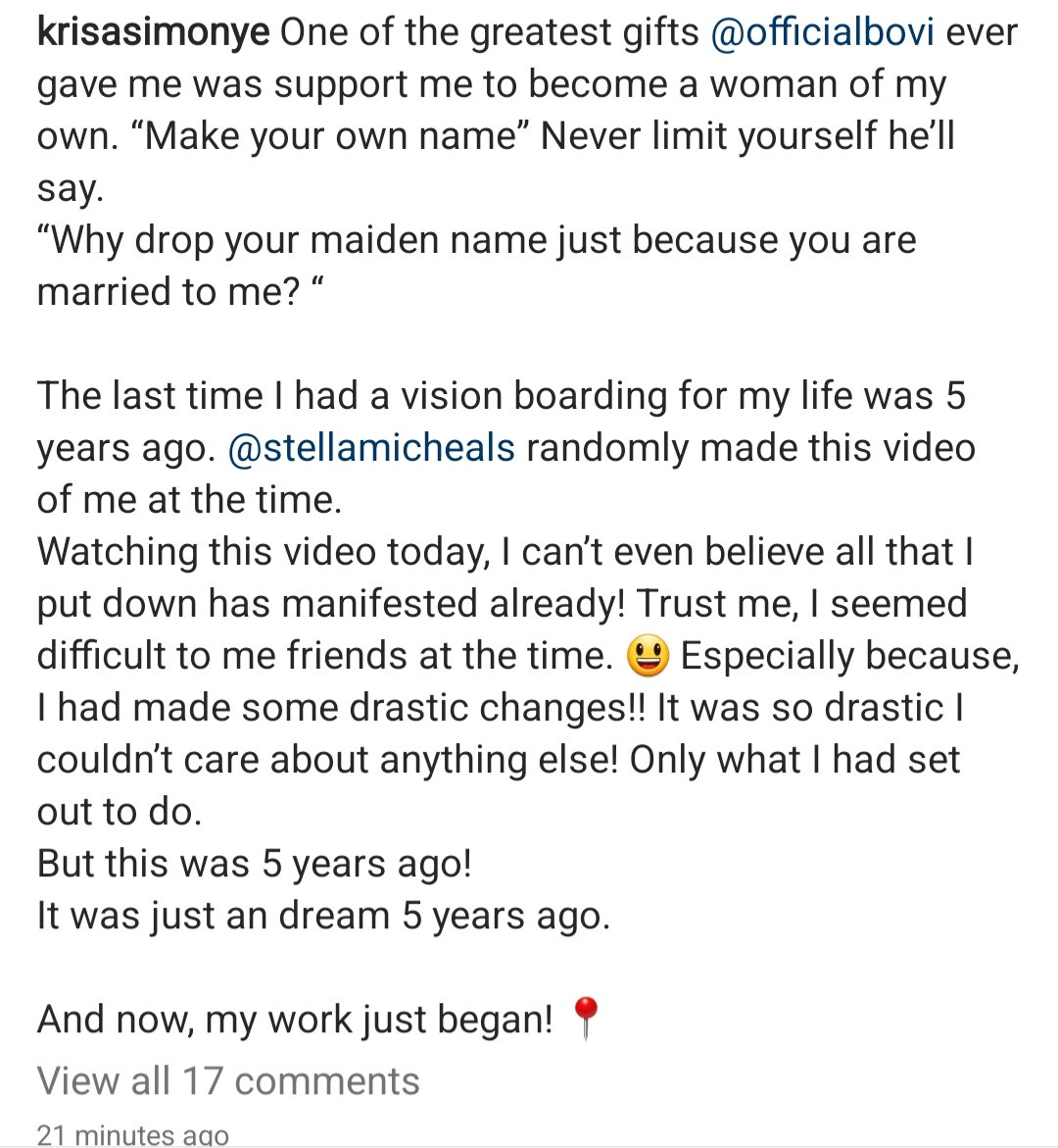 "Why drop your maiden name just because you are married to me?" Kris Asimonye reveals greatest gift husband Bovi gave her