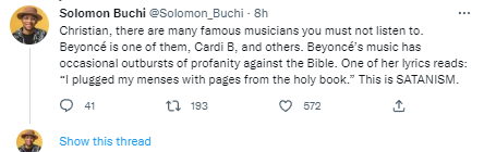 "Christians must not listen to musicians like Beyonce, Cardi B and Nicki Minaj" - Solomon Buchi says