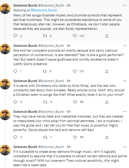 "Christians must not listen to musicians like Beyonce, Cardi B and Nicki Minaj" - Solomon Buchi says