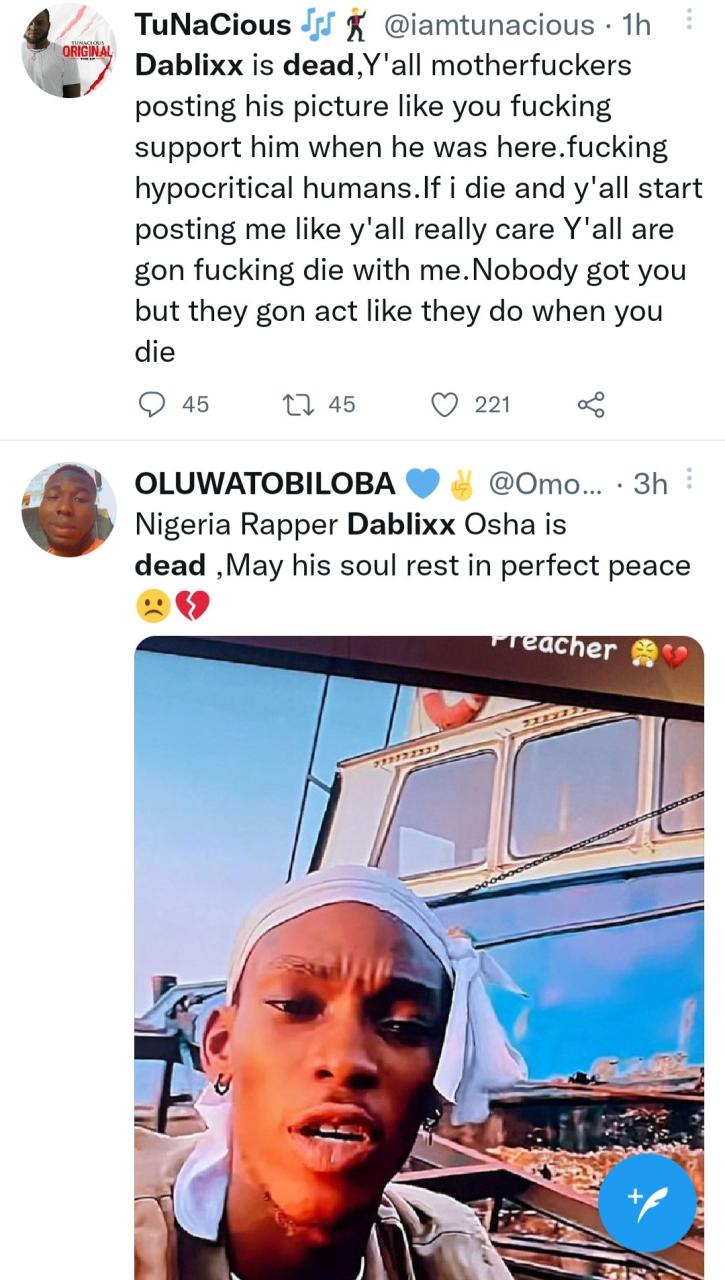 Nigerian rapper, Dablixx Osha dies after releasing song where he said his mother dreamt he died
