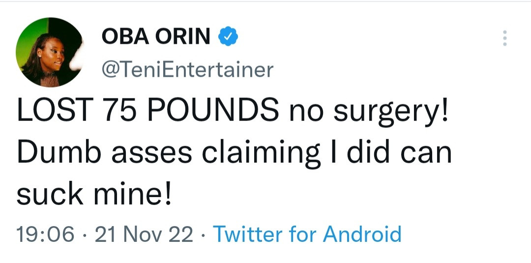 Teni slams those insisting she had surgery to lose weight