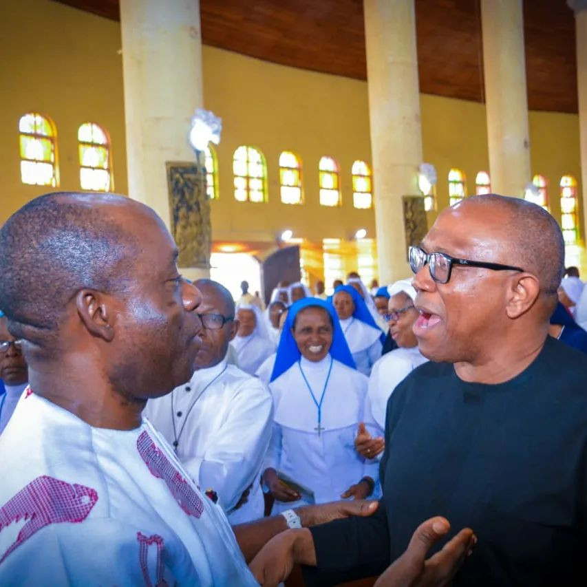 Peter Obi and Soludo hug at a thanksgiving ceremony days after the Anambra state Governor criticized Obi publicly 