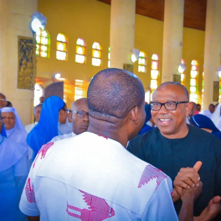 Peter Obi and Soludo hug at a thanksgiving ceremony days after the Anambra state Governor criticized Obi publicly 