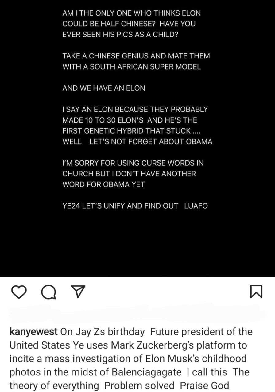 Kanye West resurfaces on Instagram after Twitter ban to post bizarre claims about Elon Musk and Barack Obama 
