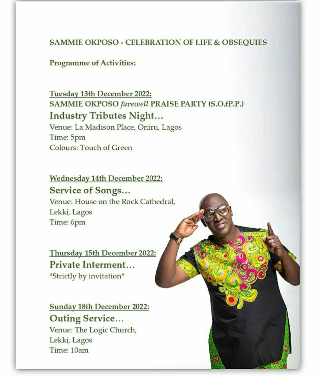 Sammie Okposo to be buried on December 15