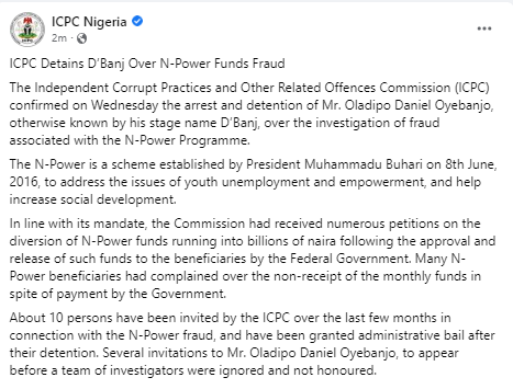 ICPC arrests and detain singer DBanj over allegations of N-Power fraud