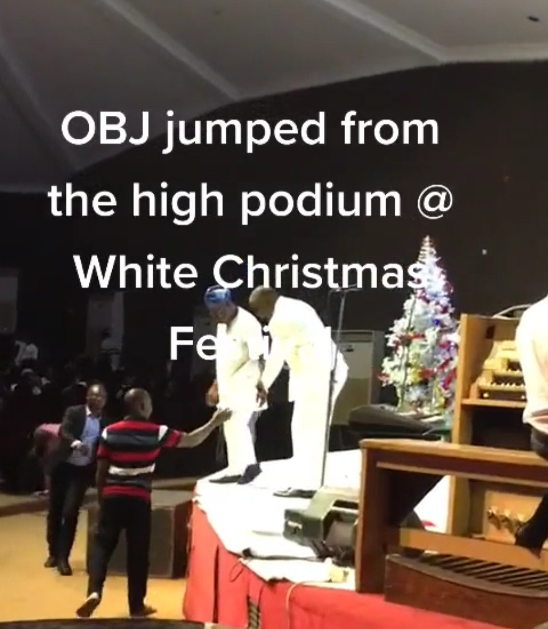 Olusegun Obasanjo, 85,  wows guests as he jumps off podium at an event (video)