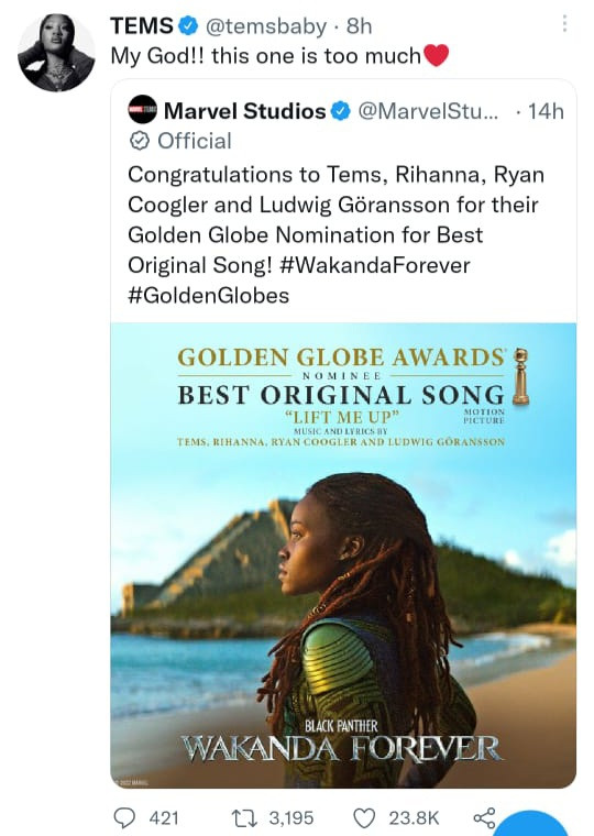 Tems gets Golden Globe nomination for best original song