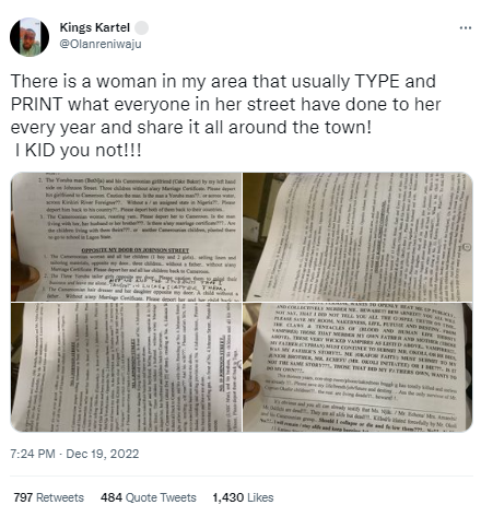 Woman writes and prints offences her street residents committed against her all year then shares copies to the whole street