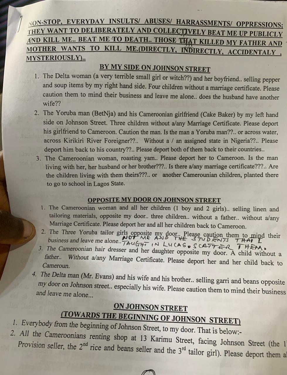 Woman writes and prints offences her street residents committed against her all year then shares copies to the whole street