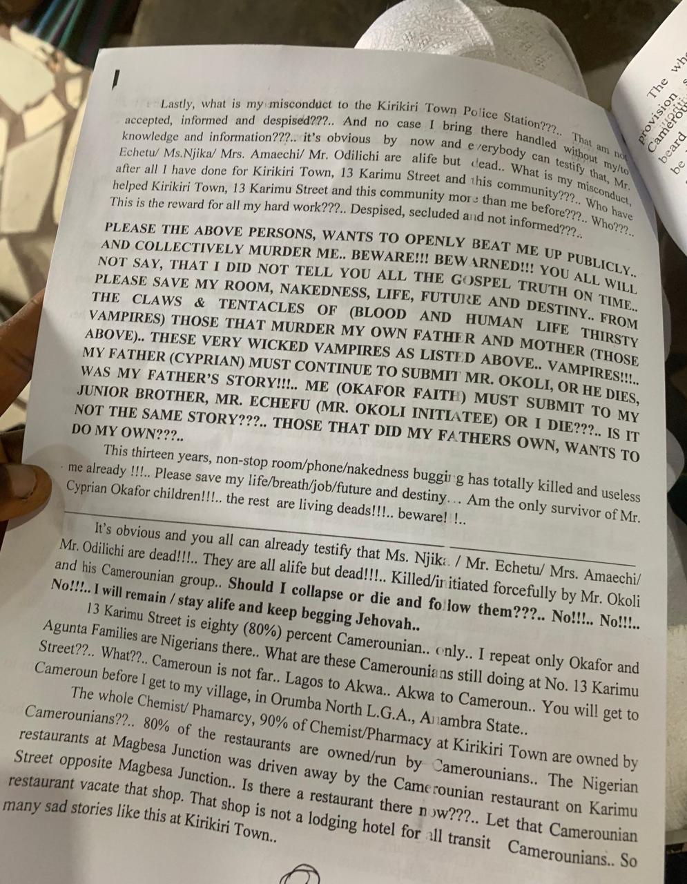Woman writes and prints offences her street residents committed against her all year then shares copies to the whole street