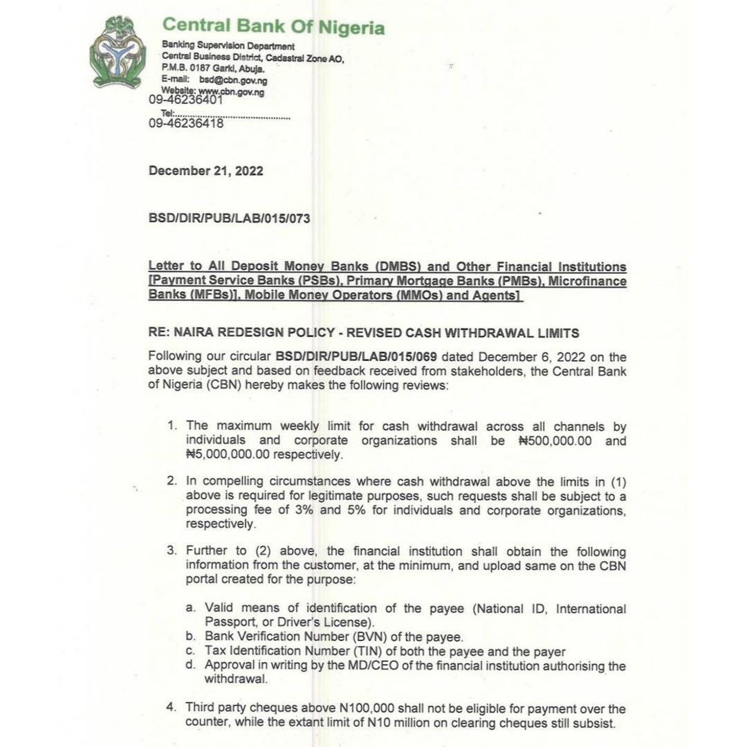 CBN increases weekly ATM withdrawal limits from ?100k to ?500K