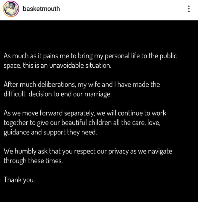 Comedian Basketmouth announces the end of his marriage to Elsie Okpocha after 12 years
