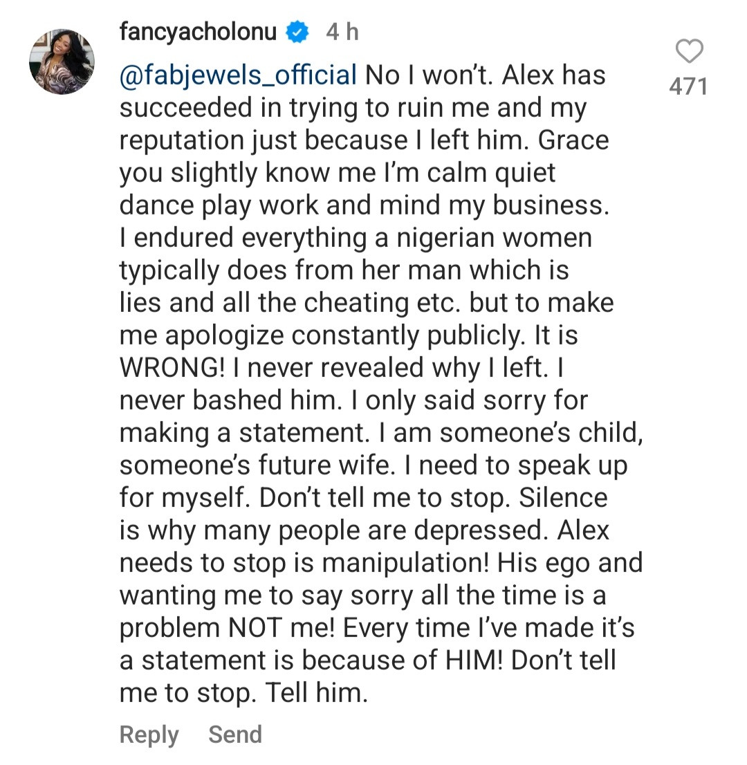 "I endured lies and cheating from Alex" Fancy Acholonu says as she alleges Alex Ekubo keeps manipulating her to publicly apologise