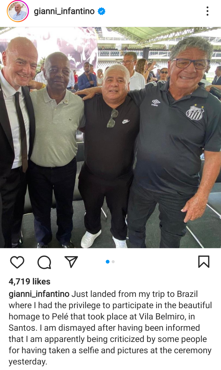 FIFA president Gianni Infantino hits back at critics after taking selfie at Pele?s wake-keep  