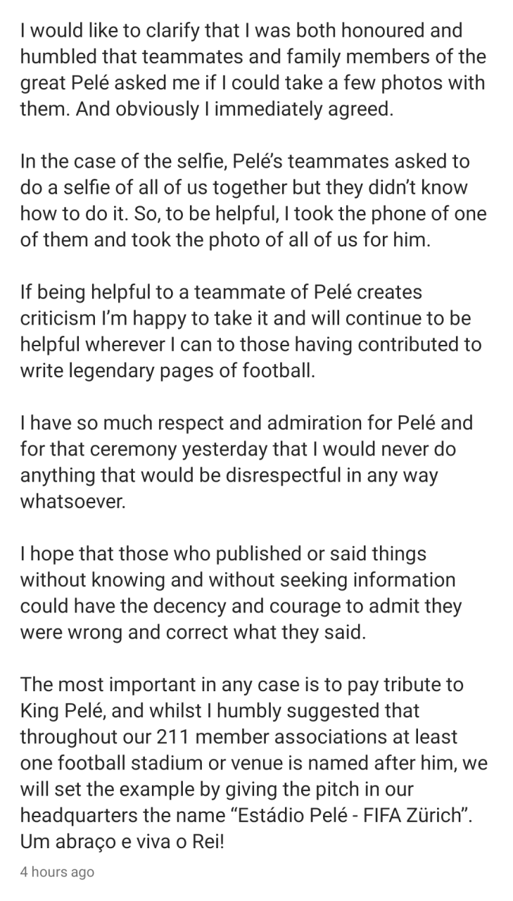 FIFA president Gianni Infantino hits back at critics after taking selfie at Pele?s wake-keep  
