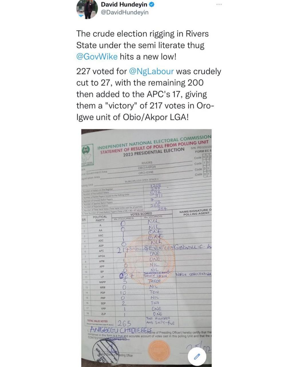 Investigative journalist David Hundeyin shares "proof" as he continues to allege "crude election rigging" across States (video/photos)
