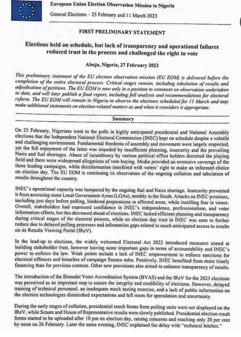INEC lacked efficient planning and transparency during critical stages of the electoral process - European Union Observers releases statement on just concluded presidential and National Assembly election