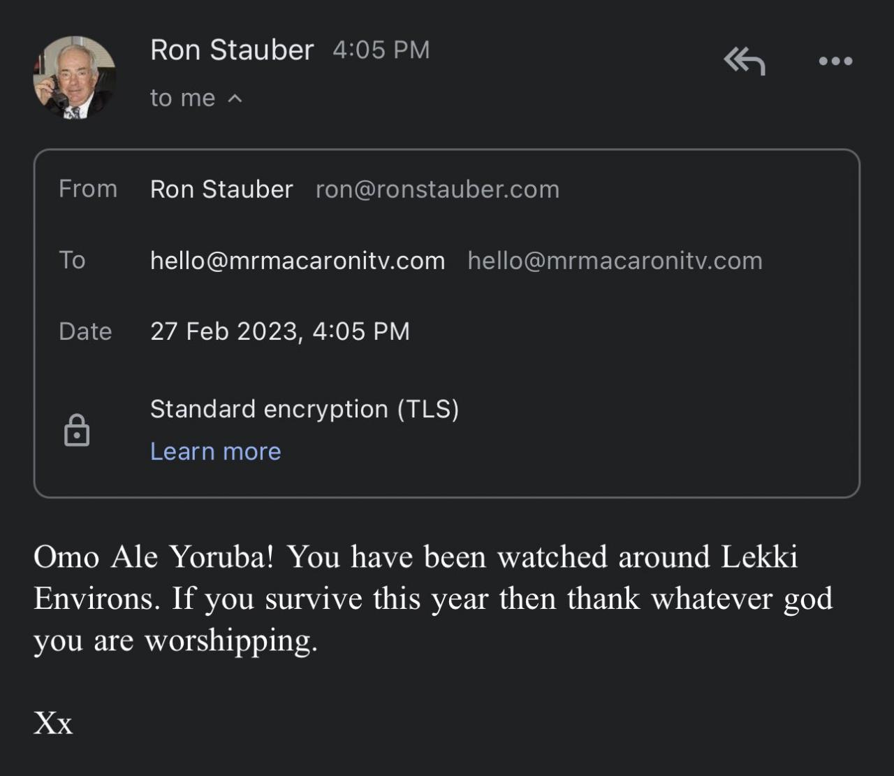Comedian Mr Macaroni receives death threat