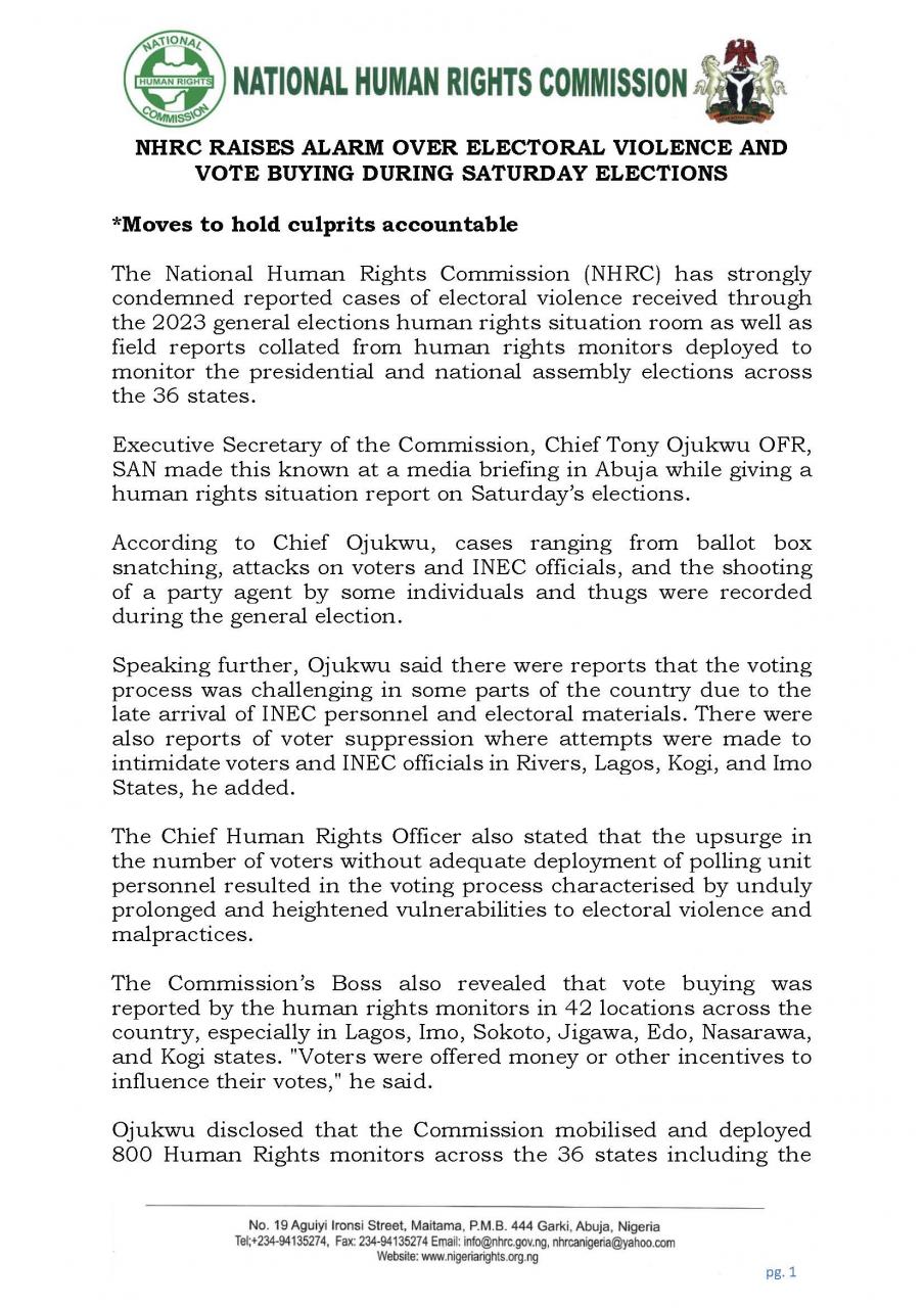 2023 Elections: NHRC raises alarm over electoral violence and vote buying