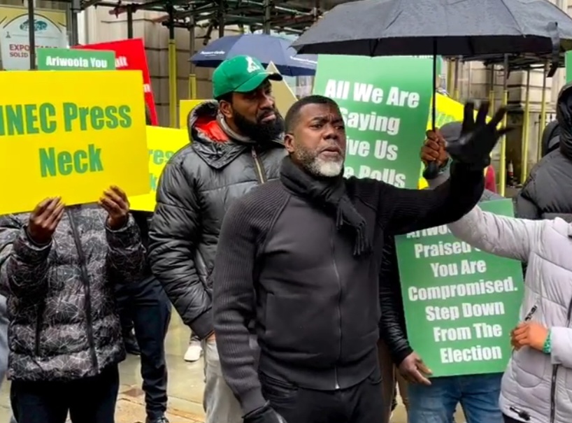 Reno Omokri leads march in the UK to protest against the recently conducted elections