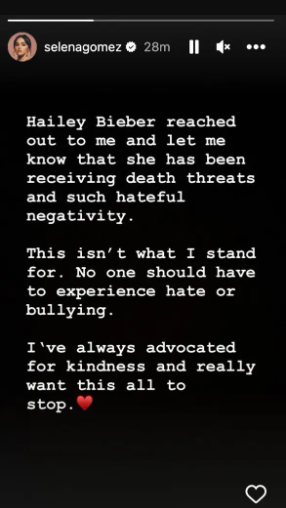 Selena Gomez pleads with her fans to stop sending death threats to Hailey Bieber after the model reached out to her to complain