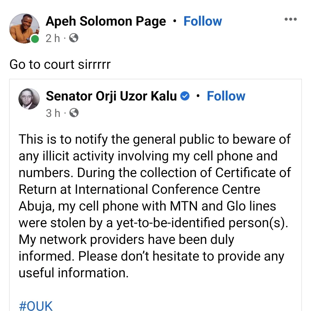 "Go to court sir" Nigerians advice Orji Uzor Kalu after his phone was stolen during certificate of return presentation in Abuja