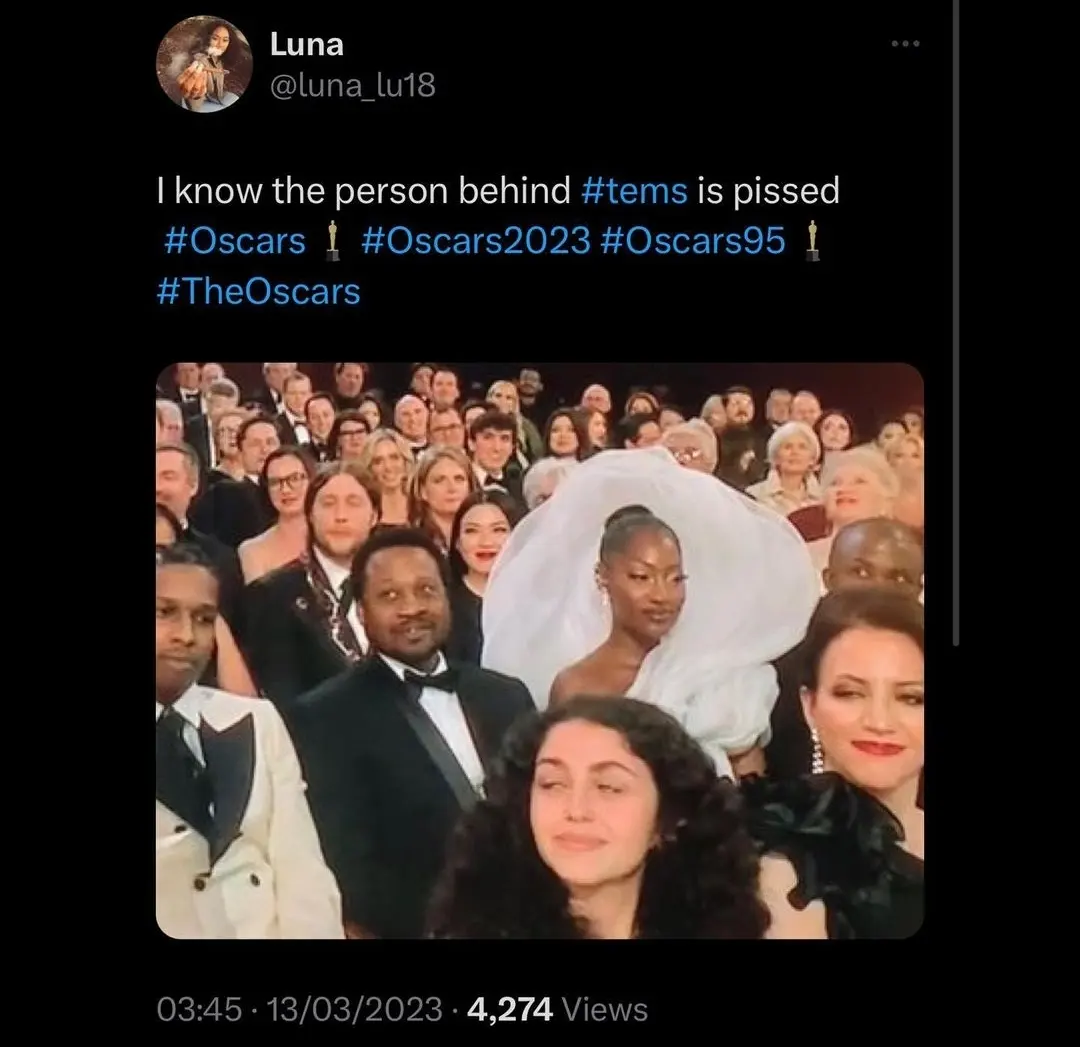 Tems slammed for her "rude" view-blocking dress at the Oscars (video)