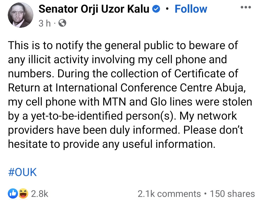"Go to court sir" Nigerians advice Orji Uzor Kalu after his phone was stolen during certificate of return presentation in Abuja